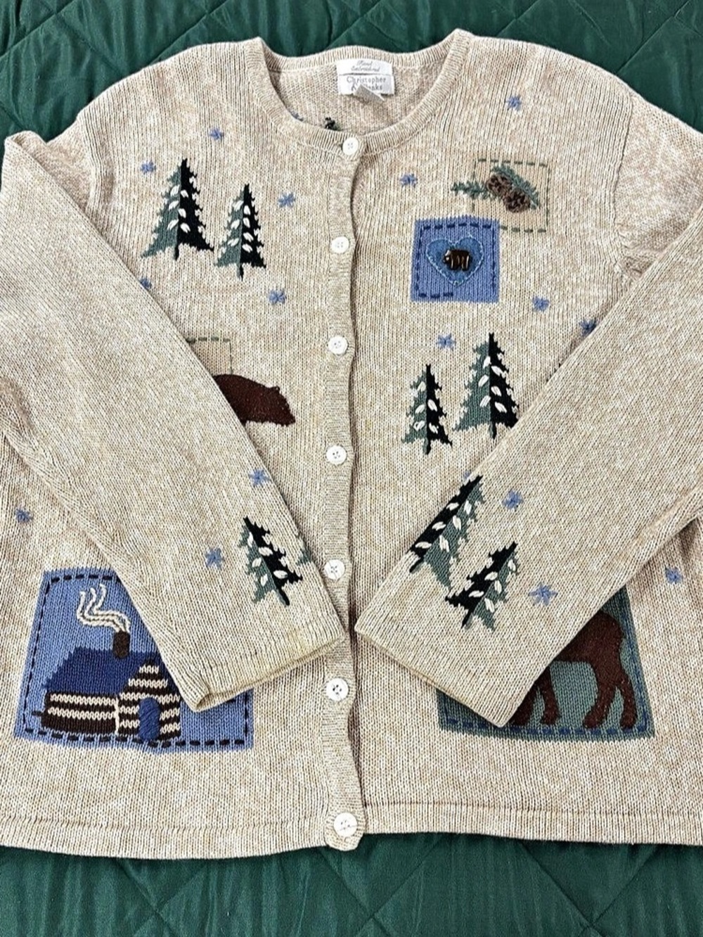 Christopher & Banks Hand Embroidered Bear Moose Cabin Winter Cardigan in Beige S